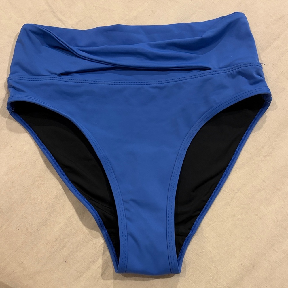 High-Waist Blue Bikini Bottom with Fold-Over Waistband